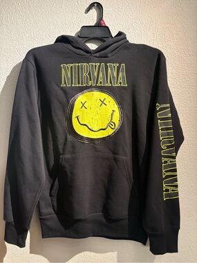 NIRVANA Black Crewneck Sweatshirt with Yellow Smiley Graphic